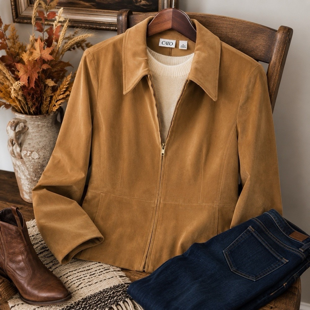 Cato Womens Size 14 Faux Suede Jacket Camel Tan Zip Front Fall Western